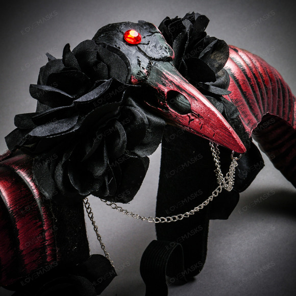 Gothic Demon Raven Skull Large Horn & Rose Headband - Black Red - Picture 4 of 4